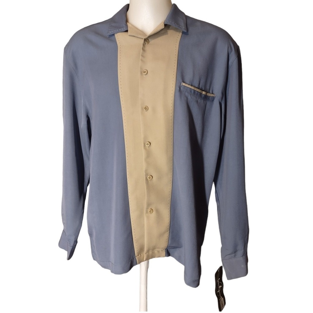 Steve & Barry's Club Shirt Men's Large Retro Bowling Y2K Blue Tan Rockabilly LS